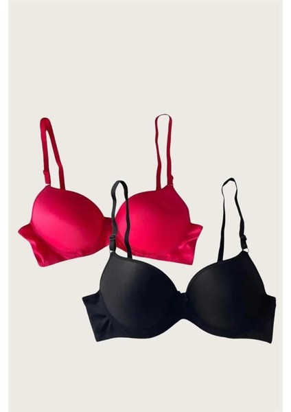 Siyah-Kırmızı 2'li Mikro Kumaş Push Up Dolgulu Balenli Günlük Destekli Sütyen