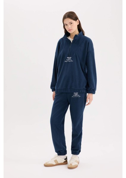 Oversize Geniş Kalıp Fermuarlı Dik Yaka Nakışlı Polar Sweatshirt