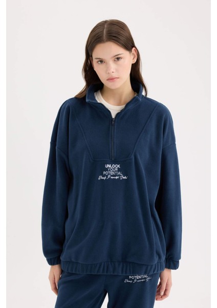Oversize Geniş Kalıp Fermuarlı Dik Yaka Nakışlı Polar Sweatshirt