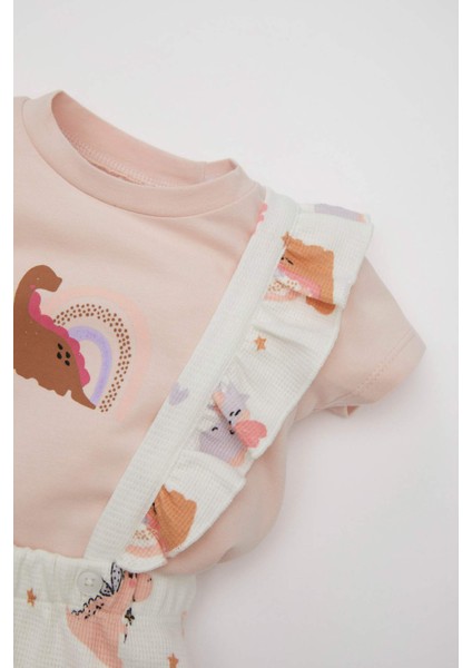 Kız Bebek 2'li Takım Dinozor Baskılı Kısa Kollu Tişört Waffle Salopet C9491A524SM