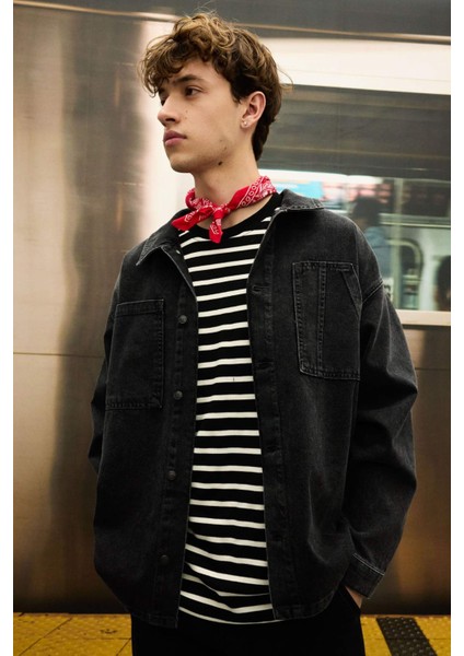 %100 Pamuk Boxy Fit Jean Uzun Kollu Gömlek Ceket C7539AX24AU