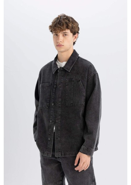 %100 Pamuk Boxy Fit Jean Uzun Kollu Gömlek Ceket C7539AX24AU