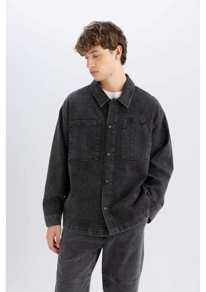 %100 Pamuk Boxy Fit Jean Uzun Kollu Gömlek Ceket C7539AX24AU