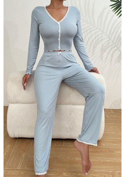 Önden Düğmeli Uzun Kollu Şık Pijama Takımı fırsatları