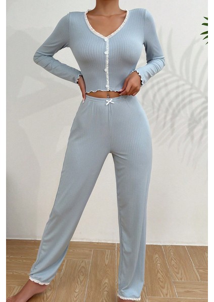 Önden Düğmeli Uzun Kollu Şık Pijama Takımı indirimleri