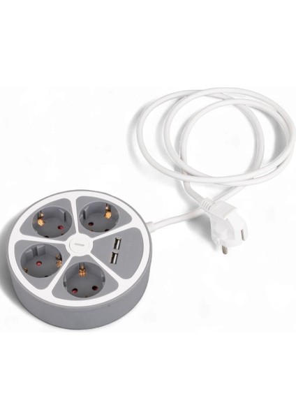 4’lü 2 Usb’li Grup Priz – Anahtarlı, 1.5 Metre Kablo, Topraklı Çoklu Priz