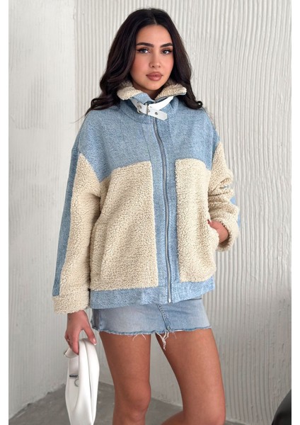 Kadın Kot Detaylı Astarlı Peluş Kürk Ceket – Yüksek Yaka & Mevsimlik Şıklık