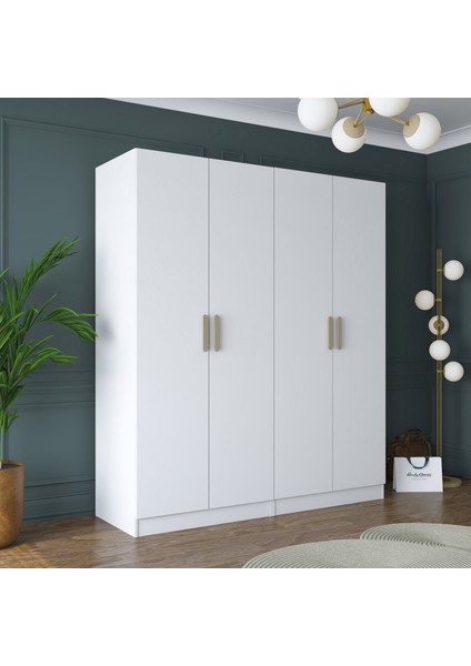 BA156 Geniş Gardırop Elbise Dolabı 4 Kapaklı 6 Raflı 2 Askılı Modüler Dolap Beyaz