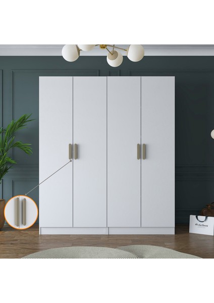 BA156 Geniş Gardırop Elbise Dolabı 4 Kapaklı 6 Raflı 2 Askılı Modüler Dolap Beyaz modelleri
