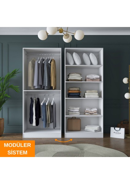 BA156 Geniş Gardırop Elbise Dolabı 4 Kapaklı 6 Raflı 2 Askılı Modüler Dolap Beyaz fırsatları