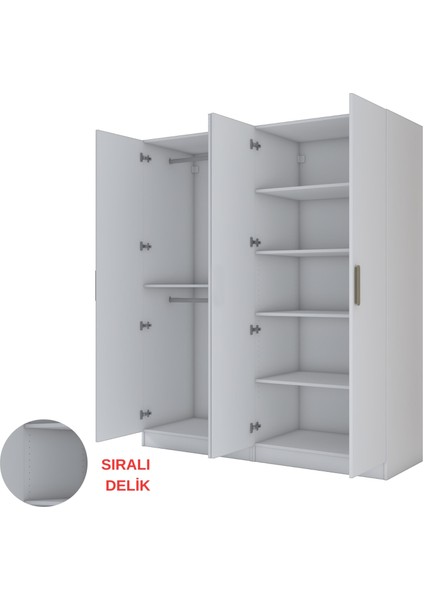 BA156 Geniş Gardırop Elbise Dolabı 4 Kapaklı 6 Raflı 2 Askılı Modüler Dolap Beyaz indirimleri