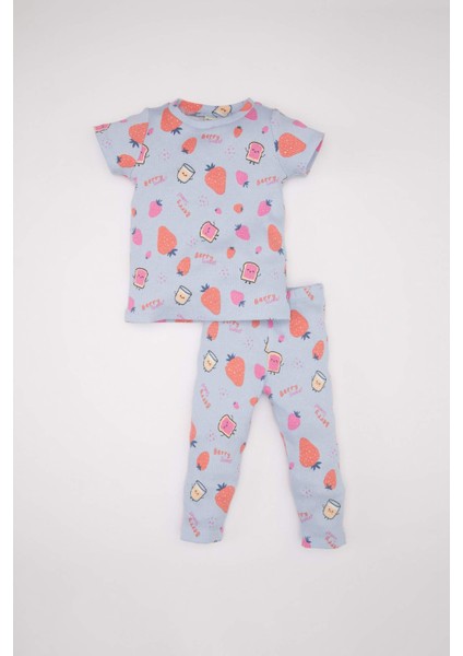 Kız Bebek Pijama Takımı Fitilli Kaşkorse Desenli Kısa Kollu Üst Uzun Alt C3477A524SM
