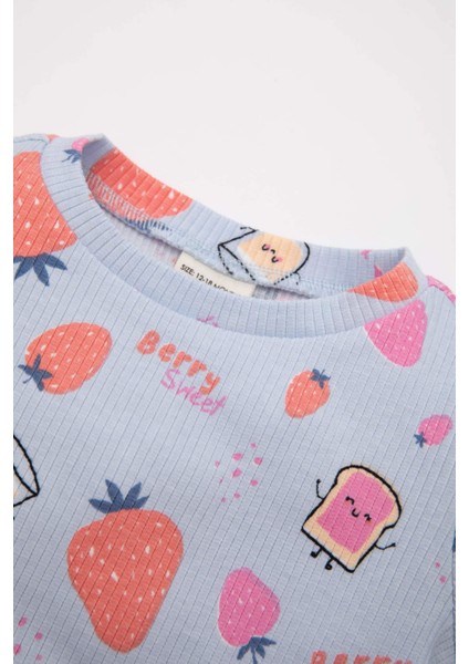Kız Bebek Pijama Takımı Fitilli Kaşkorse Desenli Kısa Kollu Üst Uzun Alt C3477A524SM