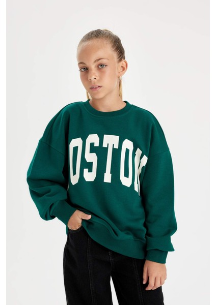 Kız Çocuk Oversize Geniş Kalıp Bisiklet Yaka Baskılı Okul Sweatshirt C7778A824AU