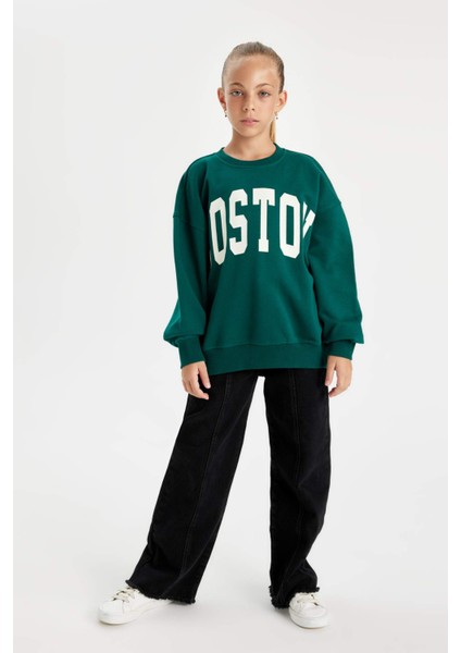 Kız Çocuk Oversize Geniş Kalıp Bisiklet Yaka Baskılı Okul Sweatshirt C7778A824AU
