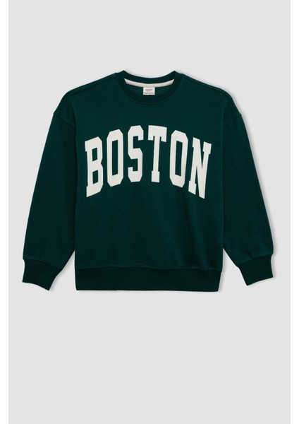 Kız Çocuk Oversize Geniş Kalıp Bisiklet Yaka Baskılı Okul Sweatshirt C7778A824AU