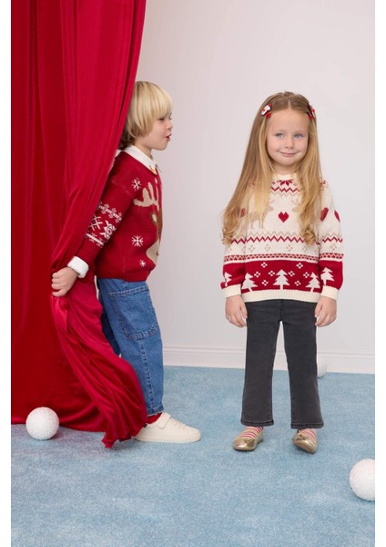 Kız Bebek Bisiklet Yaka Yılbaşı Temalı Triko Kazak C8437A524WN