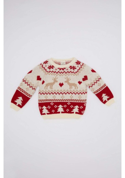 Kız Bebek Bisiklet Yaka Yılbaşı Temalı Triko Kazak C8437A524WN