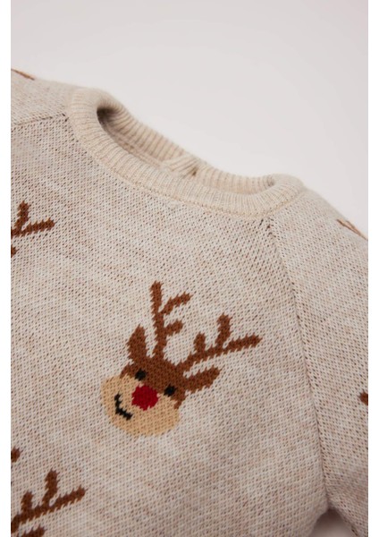 Erkek Bebek 2'li Takım Yeni Yıl Baskılı Uzun Kollu Triko Kazak Beli Lastikli Alt