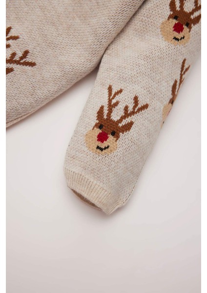 Erkek Bebek 2'li Takım Yeni Yıl Baskılı Uzun Kollu Triko Kazak Beli Lastikli Alt