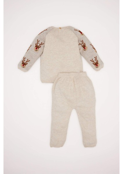 Erkek Bebek 2'li Takım Yeni Yıl Baskılı Uzun Kollu Triko Kazak Beli Lastikli Alt