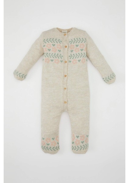 Kız Bebek Yenidoğan Düğmeli Çiçek Desenli Uzun Kollu Tulum C9765A524WN