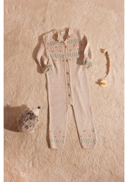 Kız Bebek Yenidoğan Düğmeli Çiçek Desenli Uzun Kollu Tulum C9765A524WN