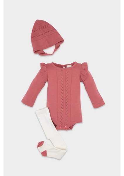 Kız Bebek Yenidoğan 3'lü Takım Uzun Kollu Çıtçıtlı Triko Body Bere Külotlu Çorap C9760A524WN