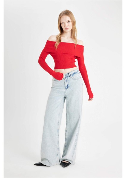 Coool Slim Fit Dar Kesim Açık Omuz Basic Düz Triko Kazak B6537AX24WN