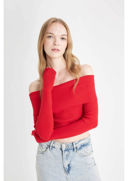 Coool Slim Fit Dar Kesim Açık Omuz Basic Düz Triko Kazak B6537AX24WN