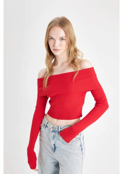 Coool Slim Fit Dar Kesim Açık Omuz Basic Düz Triko Kazak B6537AX24WN