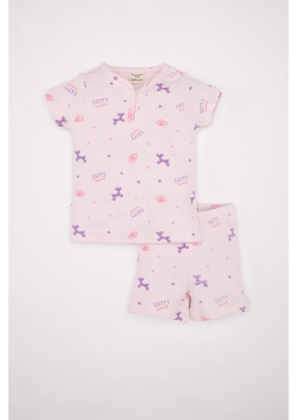 Kız Bebek Pijama Takım Desenli Fitilli Kaşkorse Kısa Kollu Üst Beli Lastikli Şort Alt C3476A524HS