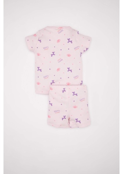 Kız Bebek Pijama Takım Desenli Fitilli Kaşkorse Kısa Kollu Üst Beli Lastikli Şort Alt C3476A524HS