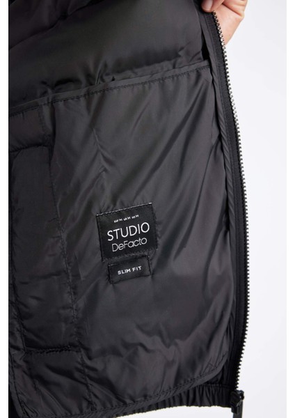 Su İtici Rüzgar Geçirmez Slim Fit Dar Kesim Astarlı Kapüşonlu Fermuarlı Cepli Kışlık Şişme Mont D1185AX24WN