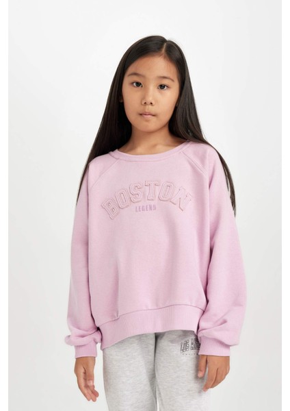 Kız Çocuk Pembe Oversize Geniş Kalıp Bisiklet Yaka Baskılı Sweatshirt D1100A824AU