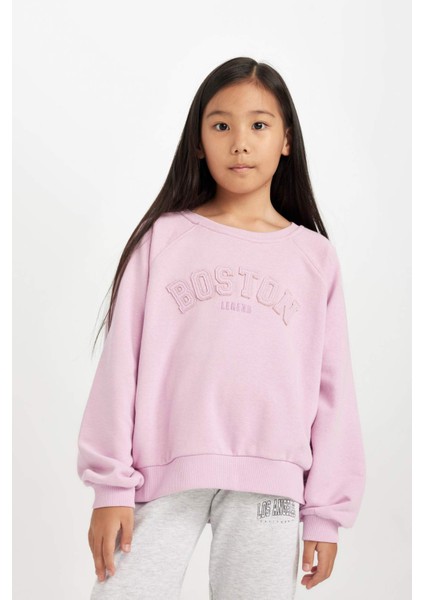 Kız Çocuk Pembe Oversize Geniş Kalıp Bisiklet Yaka Baskılı Sweatshirt D1100A824AU
