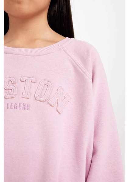 Kız Çocuk Pembe Oversize Geniş Kalıp Bisiklet Yaka Baskılı Sweatshirt D1100A824AU