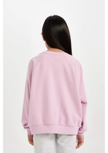Kız Çocuk Pembe Oversize Geniş Kalıp Bisiklet Yaka Baskılı Sweatshirt D1100A824AU