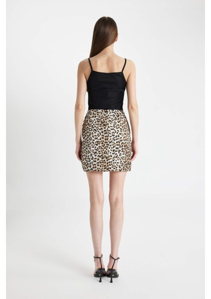 Leopar Desenli Normal Bel Saten Mini Etek D1176AX24SM