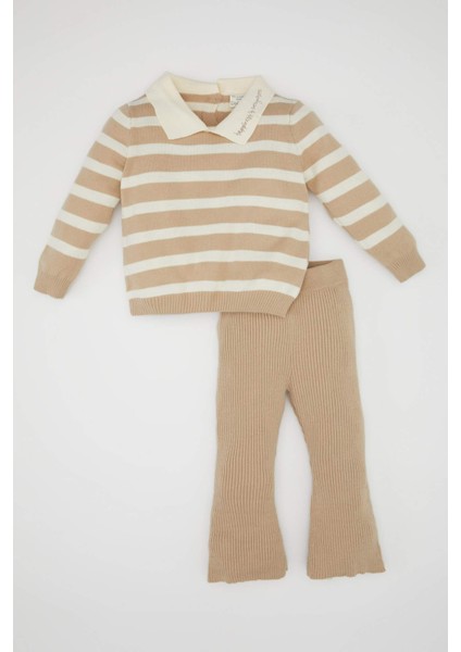 Kız Bebek 2'li Takım Çizgili Polo Yaka Triko Kazak İspanyol Paça Triko Tayt C8453A524WN