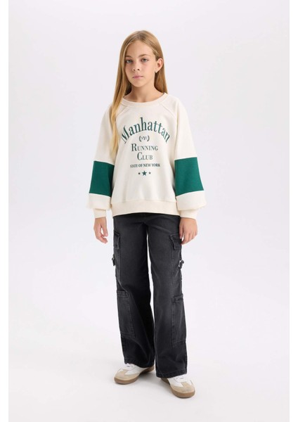 Kız Çocuk Oversize Geniş Kalıp Bisiklet Yaka Baskılı Sweatshirt D1106A824AU