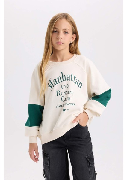 Kız Çocuk Oversize Geniş Kalıp Bisiklet Yaka Baskılı Sweatshirt D1106A824AU