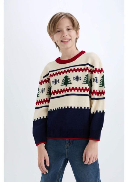 Erkek Çocuk Yılbaşı Temalı Bisiklet Yaka Triko Kazak C9634A824CW