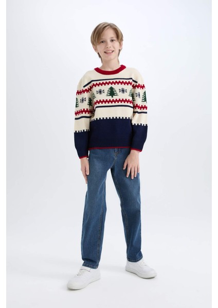 Erkek Çocuk Yılbaşı Temalı Bisiklet Yaka Triko Kazak C9634A824CW