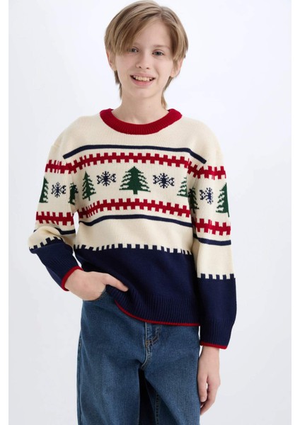 Erkek Çocuk Yılbaşı Temalı Bisiklet Yaka Triko Kazak C9634A824CW