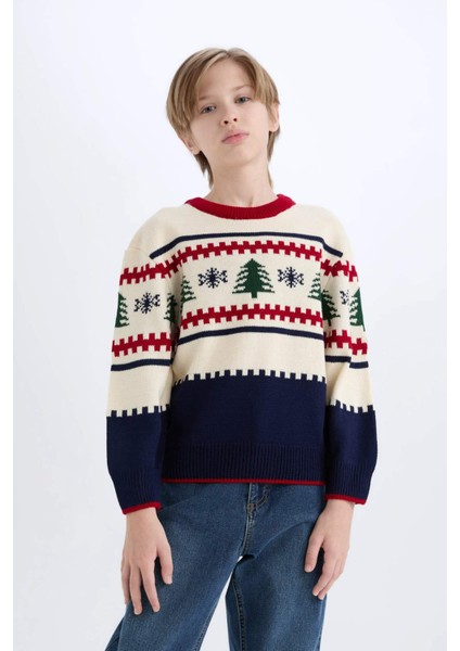 Erkek Çocuk Yılbaşı Temalı Bisiklet Yaka Triko Kazak C9634A824CW