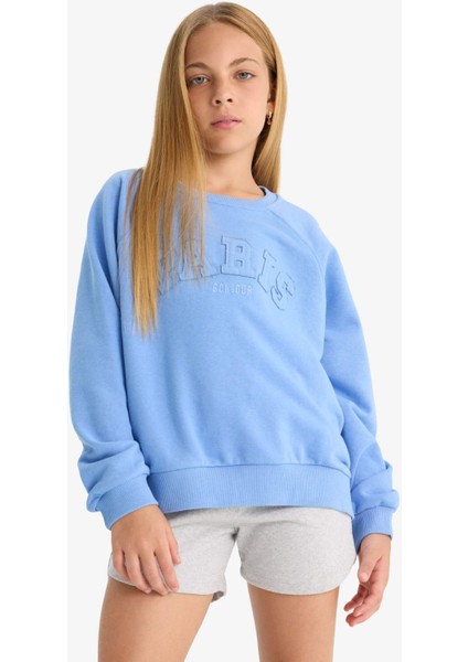 Kız Çocuk Pembe Oversize Geniş Kalıp Bisiklet Yaka Baskılı Sweatshirt D1100A824AU