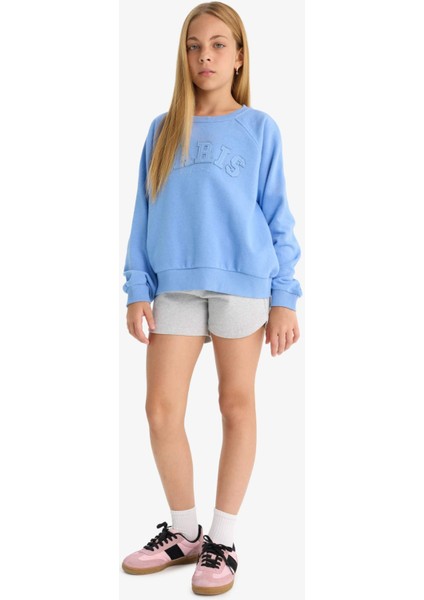 Kız Çocuk Pembe Oversize Geniş Kalıp Bisiklet Yaka Baskılı Sweatshirt D1100A824AU