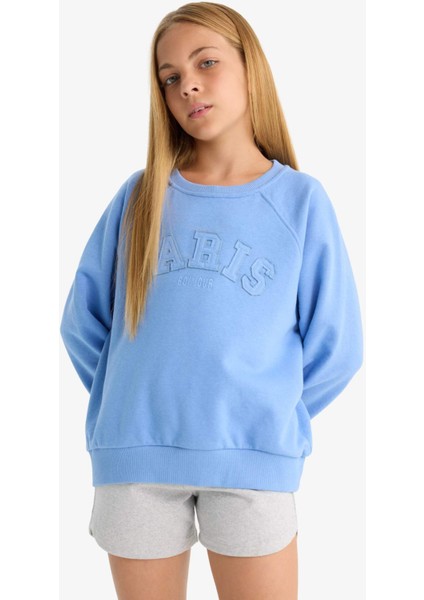 Kız Çocuk Pembe Oversize Geniş Kalıp Bisiklet Yaka Baskılı Sweatshirt D1100A824AU