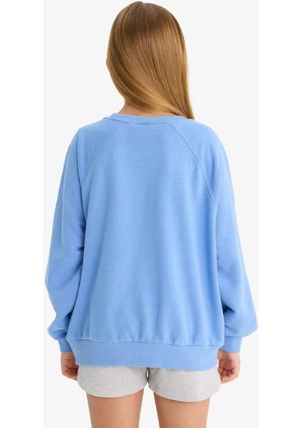 Kız Çocuk Pembe Oversize Geniş Kalıp Bisiklet Yaka Baskılı Sweatshirt D1100A824AU